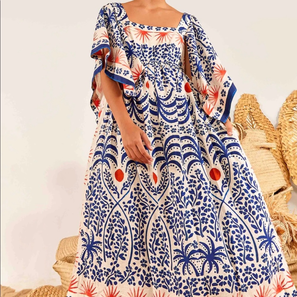 FARM Rio Afternoon Breeze Blue and Orange Maxi Dress